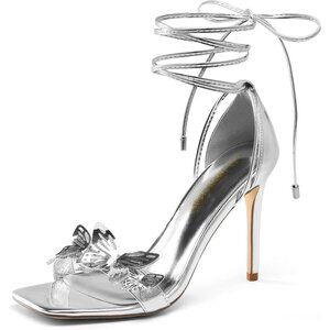 Dream Pairs Women Silver-pat Faux Leather Open Square Toe Stilletos Heels Shoes